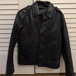 John Varvatos Distressed Black Leather Military Jacket Epaulettes Slim Fit